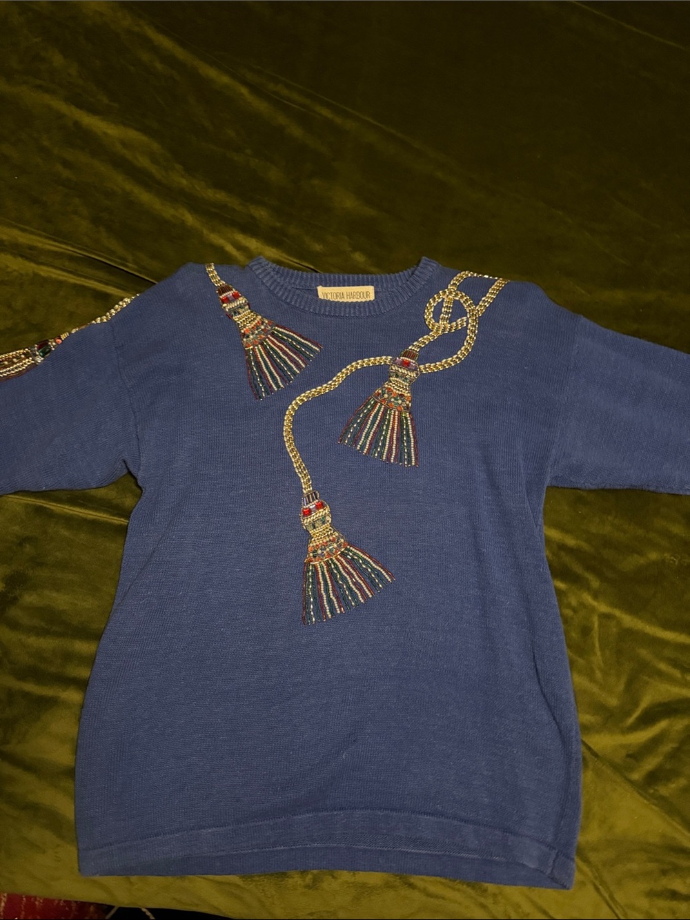 Beaded Tassel Navy Sweater - Vintage Inspired